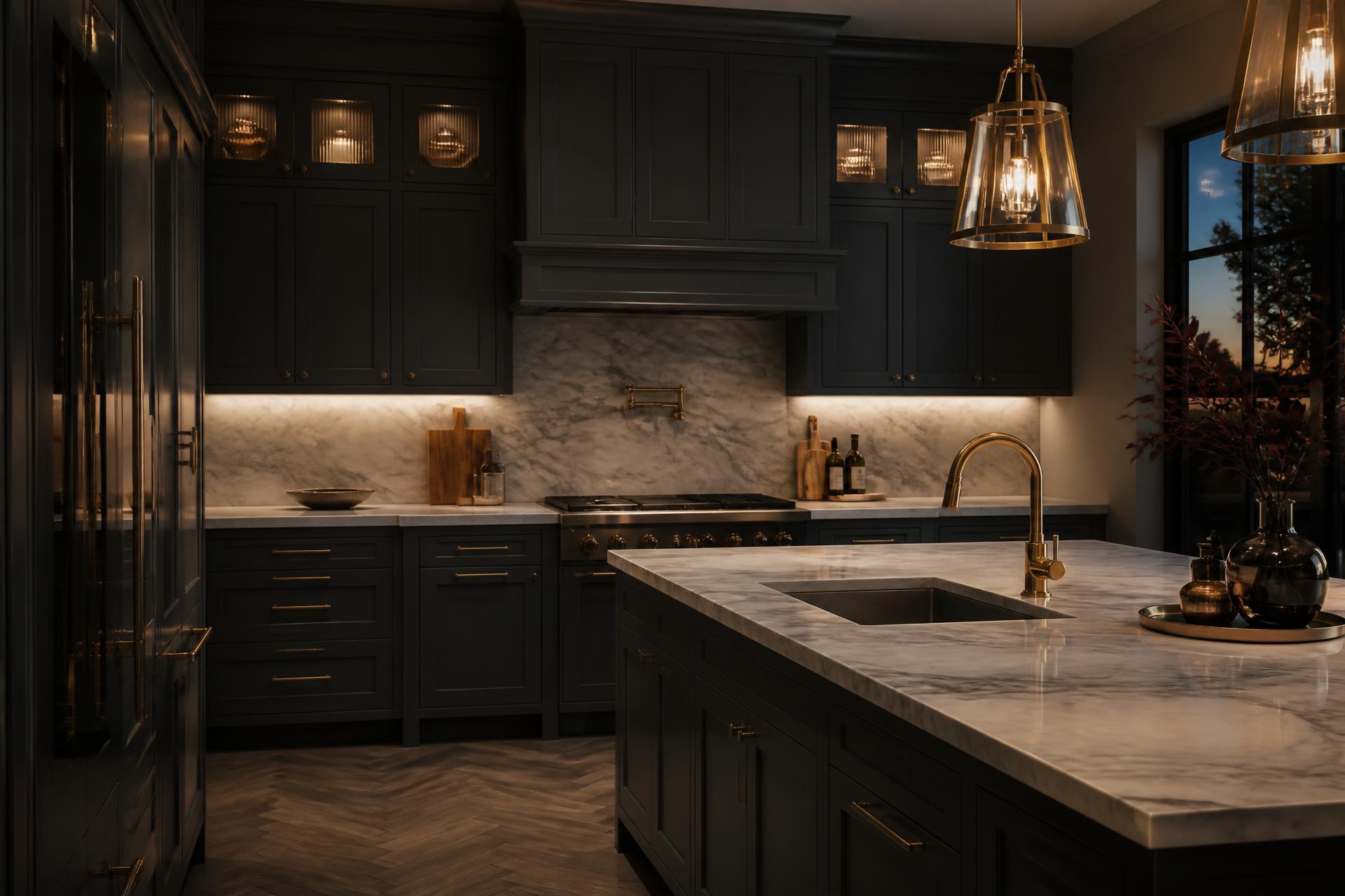Bespoke dark charcoal kitchen with marble worktop and brass fittings